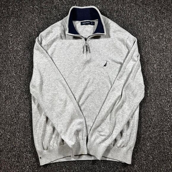 Nautica Quarter Zip Men's Large Gray Cotton Knit Pullover Preppy Essential - Picture 1 of 6
